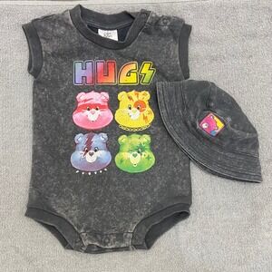Care Bears Baby 12M Mineral Wash Romper and Bucket Hat Set Grey HUGS Rocker